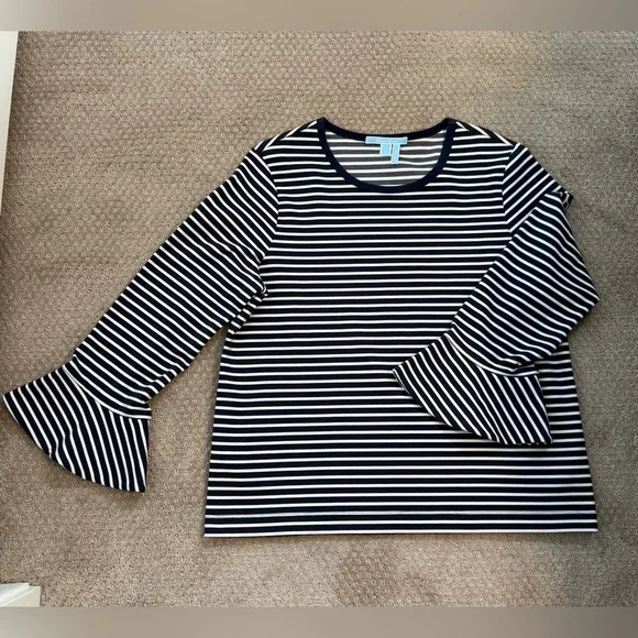Draper James Navy and White Striped Long Sleeve Top - Picture 1 of 7